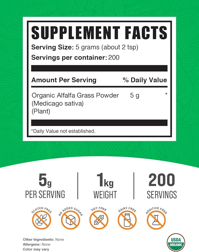 BulkSupplements.com Organic Alfalfa Grass Powder - Alfalfa Supplement, Green Superfood Powder, Alfalfa Powder Organic - Vegan & Gluten Free, 5g per Serving, 1kg (2.2 lbs) (Pack of 1)