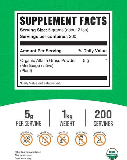BulkSupplements.com Organic Alfalfa Grass Powder - Alfalfa Supplement, Green Superfood Powder, Alfalfa Powder Organic - Vegan & Gluten Free, 5g per Serving, 1kg (2.2 lbs) (Pack of 1)