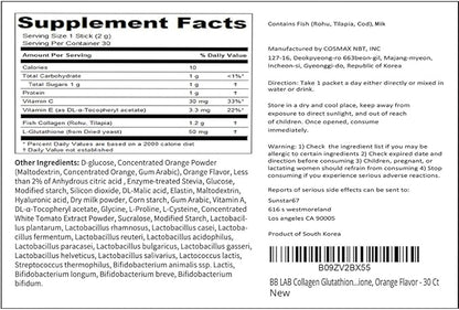 BB LAB Collagen Glutathione White, Low Molecular Korean Stick Supplement, Fish Peptides, Vitamin C, Vitamin E, Glutathione, Fast abosorption, Orange Flavor