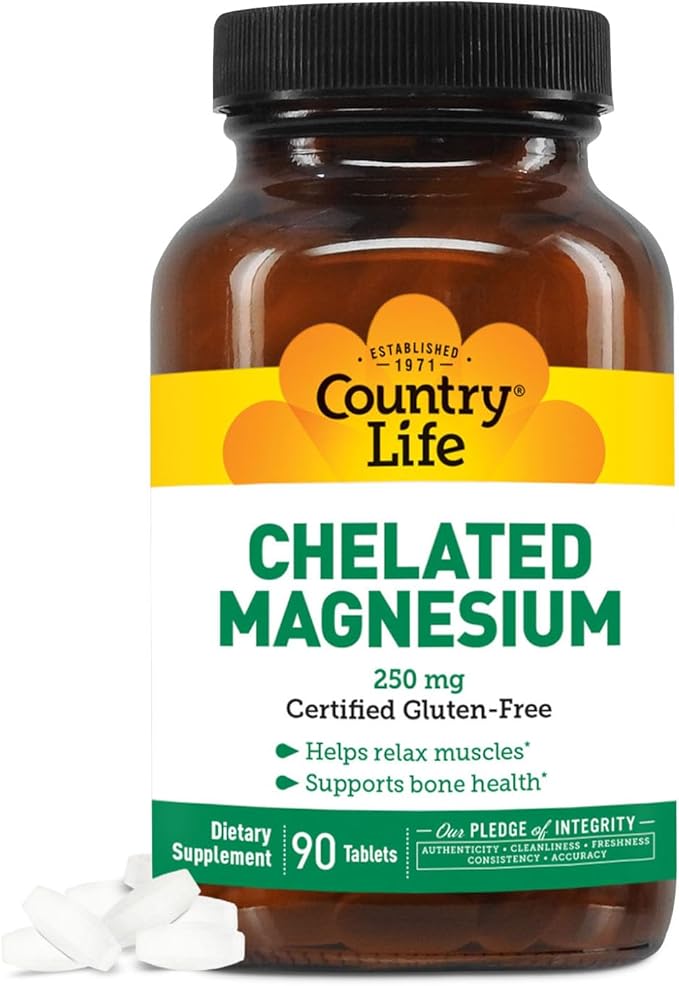 Country Life, Chelated Magnesium 250mg, Supports Bone and Immune Health, Daily Supplement, 90 ct