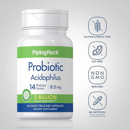 Piping Rock Probiotic Acidophilus Capsules | 60 Pills | 3 Billion CFU | Supplement for Women and Men | 14 Strains | Non-GMO, Gluten Free
