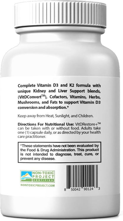 VITDRestore+™ - Vitamin D3 + K2 with Liver and Kidney Support | Soy Free, Non-GMO, Vegan, 30-Day Supply