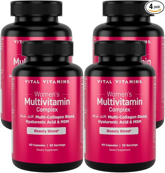 Vital Vitamins Women's Multivitamin Complex (4-Pack) - Made with Multi-Collagen Blend, Hyaluronic Acid, & MSM - Beauty Multivitamin for Women - with Vitamin A, C, E, B6, B12, D3