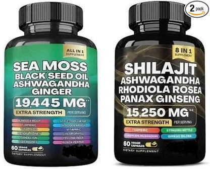 Sea Moss and Shilajit Bundle - Sea Moss,Black Seed Oil, Ashwagandha,Ginger & Shilajit,Rhodiola Rosea, Panax Ginseng