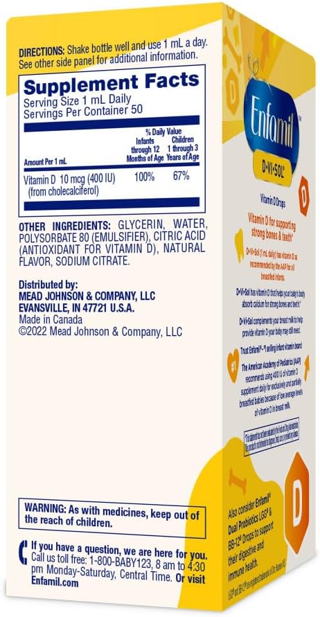 Enfamil Baby Vitamin D-Vi-Sol Liquid Vitamin D Drops, Supports Strong Teeth & Bone Development, 50mL Bottle (Pack of 2)
