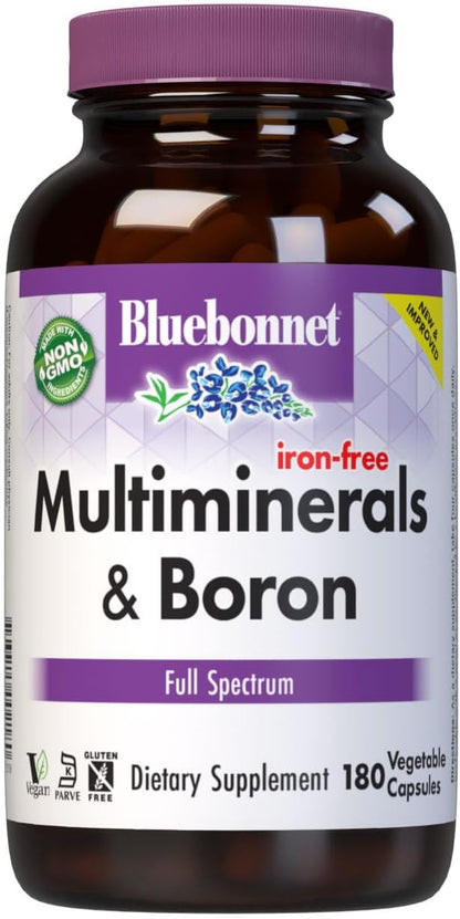 Bluebonnet Multi Minerals Supplement Plus Boron Chelated Magnesium Potassium Copper Selenium Manganese Chromium & Zinc Complex for Women & Men - No Iron, Non-GMO, Gluten-Free - 180 Vegetable Capsules