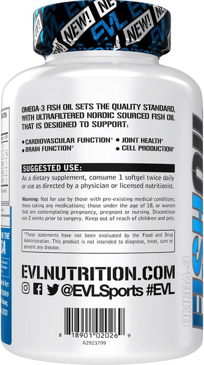 Evlution Nutrition Triple Strength Omega 3 Fish Oil - Burpless Fish Oil EPA DHA Omega 3 Supplement in Easy to Swallow Citrus Flavor Softgels - Enteric Coated Fish Oil Supplement - 120 Count