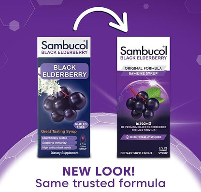 Sambucol Black Elderberry Syrup - Sambucus Elderberry Syrup, Black Elderberry Liquid, Immune Support, Elderberry Syrup for Kids and Adults, High Antioxidants, Gluten Free - Original Formula, 4 Fl Oz