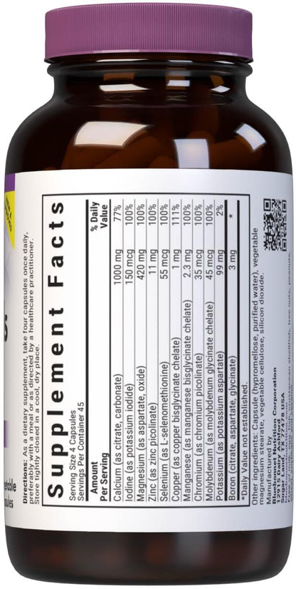 Bluebonnet Multi Minerals Supplement Plus Boron Chelated Magnesium Potassium Copper Selenium Manganese Chromium & Zinc Complex for Women & Men - No Iron, Non-GMO, Gluten-Free - 180 Vegetable Capsules