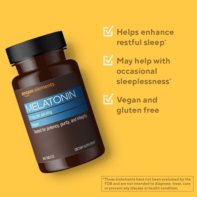 Amazon Elements Melatonin 3mg, Helps with occasional sleeplessness, Vegan, Unflavored, 260 Tablets, 8 month supply (Packaging may vary)