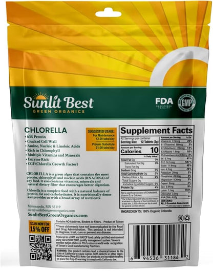 Sunlit Best USDA Organic Premium Chlorella Tablets 500 Tabs | 100% Pure Chlorella Superfood Supplement High in Protein, Chlorophyll, Vitamins, & Minerals | Supports Good Health, Wellbeing & Recovery