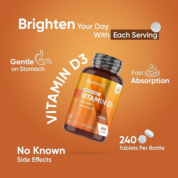 WeightWorld Vitamin D3 5000 IU (125mcg) - 240 Vegan Tablets (8 Months Supply) - Plant-Based from Lichen - Vitamin D for Bone & Immune Health - Highly Bioavailable D3 Supplement - Non-GMO & Gluten-Free
