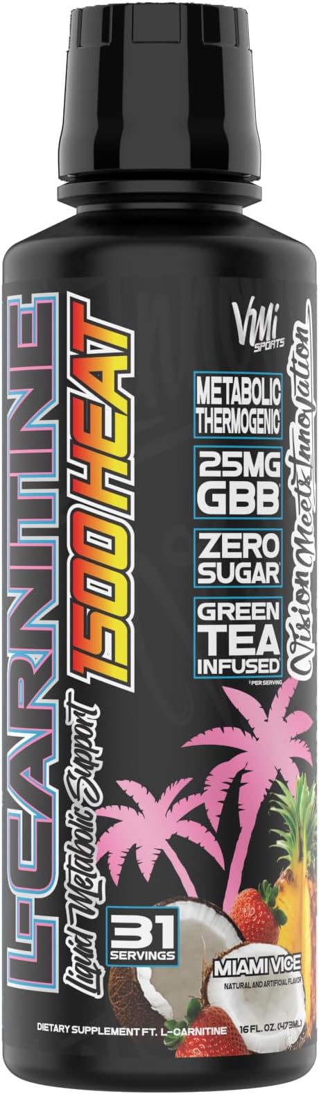 VMI Sports L-Carnitine 1500 Heat Liquid Enhanced Thermogenic | 1500 mg Carnitine | Maximum Absorption Formula | Great Taste for Men & Women | 31 Servings (Miami Vice)