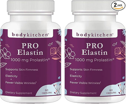 Body Kitchen Pro-Elastin, 1000 mg Elastin Supplement, Help Reduce Signs of Aging, Improved Skin Health, Firmness & Elasticity, Fewer Wrinkles, Veggie Caps, (Pack of 2)