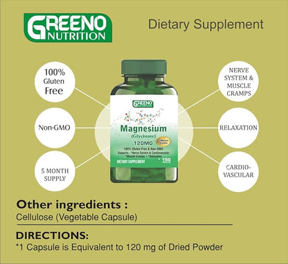 Magnesium (Glycinate) 120 MG Supplement, Supports Stress Relief, Sleep, Heart Health, Nerves, Muscles, Metabolism, 150 Capsules (5 Months Supply)