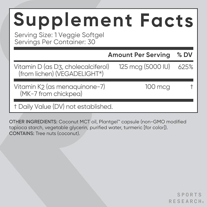 Sports Research Vitamin D3 K2 with Coconut Oil | Plant Based Vitamin K2 MK7 + Vegan D3 5000iu for Bone & Immune Health | Vegan Certified, Soy & Gluten Free - 30 Count Softgels