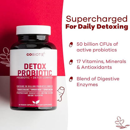 GOBIOTIX Detox Probiotic Supplement for Digestive Health - Milk Thistle, Turmeric, and Dandelion Root, Enzymes for Gut Health - 50 Billion CFU - 60 Capsules