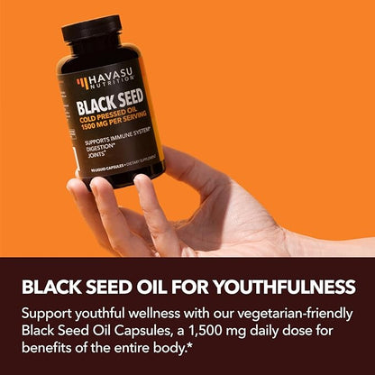 Cold Pressed Black Seed Oil Capsules - 1500mg Black Cumin Supplement for Immune Function, Digestive Support & Overall Health - Hair & Skin Superfood - Nigella Sativa - 1 Month Supply, Unflavored