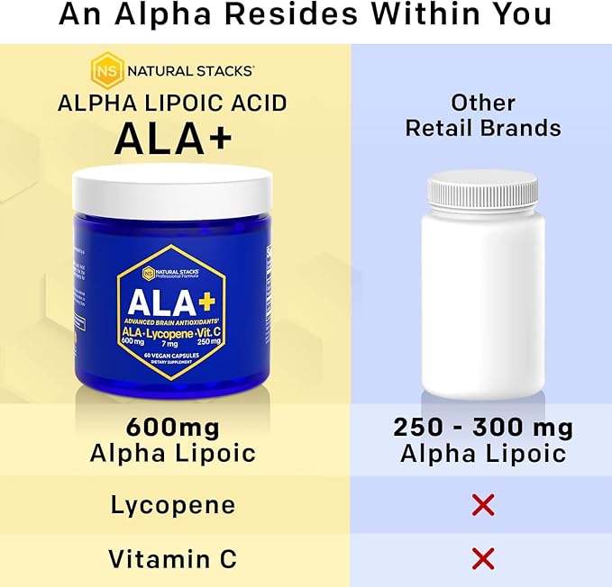 NATURAL STACKS Alpha Lipoic Acid 600mg w/Lycopene and Vitamin C - Supplement for Immunity & Cellular Function - Supplement for Brain Health