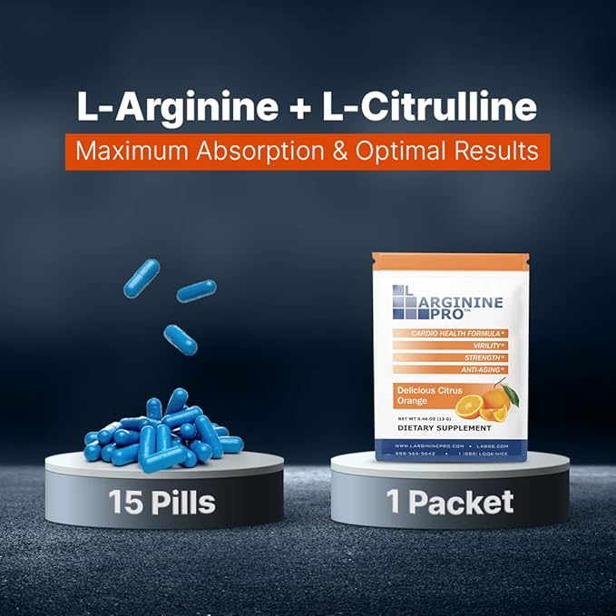 L-ARGININE PRO Supplement Powder | 30 Packets Single Serve Travel Size | 5,500mg of L-arginine Plus 1,100mg L-Citrulline, Orange
