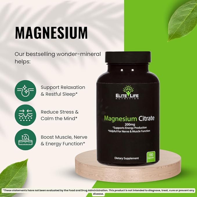 Magnesium Citrate 200mg - Pure, High-Potency, Bioavailable, and Natural Magnesium - Optimum for Stress Relief, Sleep, Relaxation, Constipation, and Brain Support Now - with 180 Capsules