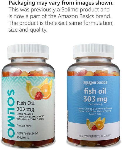 Amazon Basics Fish Oil 303 mg, Lemon, Orange & Strawberry-Banana Flavors, 90 Gummies (2 per Serving), EPA and DHA Omega-3 Fatty acids (Previously Solimo) (Pack of 2)