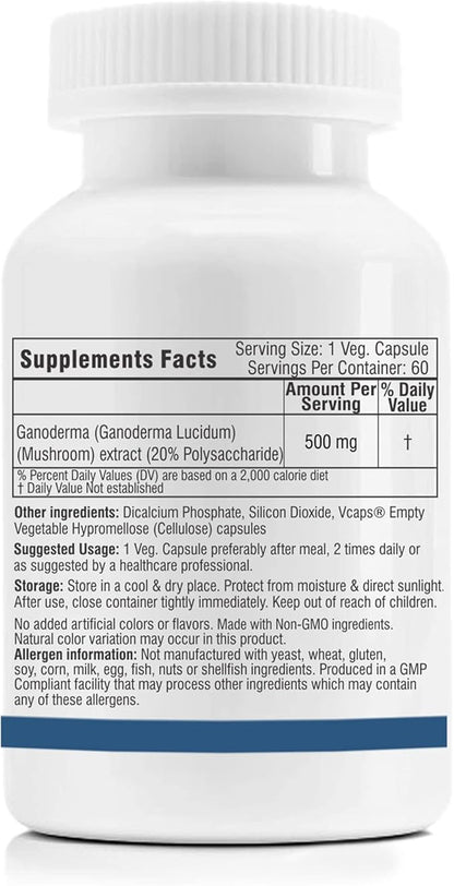 Trexgenics GANODERMA 500mg Reishi Mushroom 20% Polysaccharides Antioxidant, Immunity Support (60 Veg. Capsules)