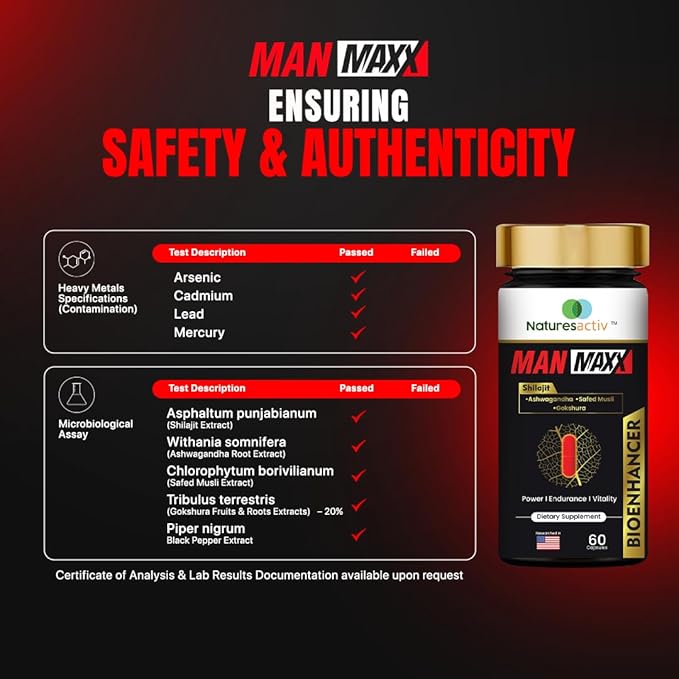Nature's Activ Man Maxx Capsules with Shilajit - A Supplement Featuring Shilajit, Ashwagandha, Safed Musli, Gokshura, and Piperine. Each Bottle Contains 60 Capsules.
