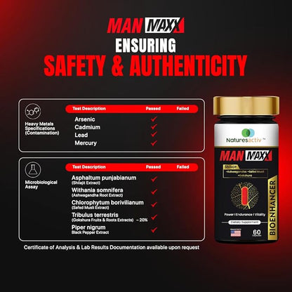 Nature's Activ Man Maxx Capsules with Shilajit - A Supplement Featuring Shilajit, Ashwagandha, Safed Musli, Gokshura, and Piperine. Each Bottle Contains 60 Capsules.