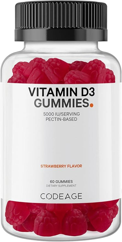 Codeage Vitamin D3 Gummy Vitamins, Vitamin D3 5000 IU Gummies Cholecalciferol 125 mcg - 2-Month Supply - Soft Pectin-Based, Animal Gelatin-Free Vitamins Gummy, Strawberry, Gluten-Free - 60 Gummies