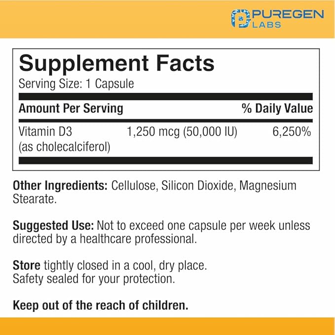 Puregen Labs Vitamin D3 50,000 IU (1250 mcg) 100 Weeks Supply for Healthy Muscle Function, and Immune Support, Non-GMO, Gluten Free 100 Vegetable Capsules