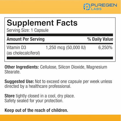 Puregen Labs Vitamin D3 50,000 IU (1250 mcg) 100 Weeks Supply for Healthy Muscle Function, and Immune Support, Non-GMO, Gluten Free 100 Vegetable Capsules
