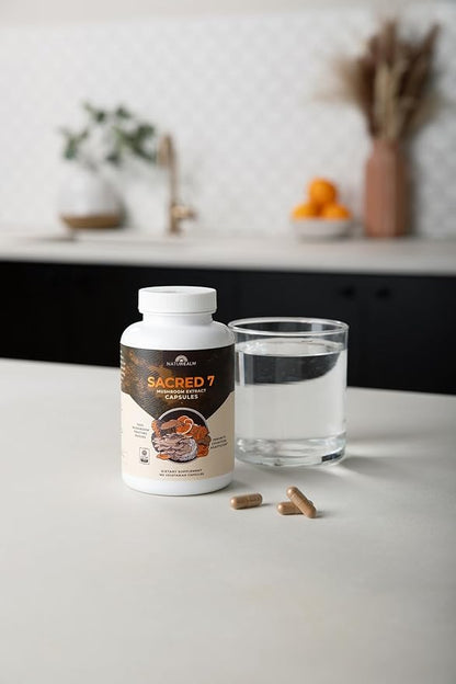 Naturealm Sacred 7 Organic Mushroom Extract Capsules - Premium 7 Mushroom Complex with Lions Mane, Reishi, Chaga - USDA Organic Immune Support & Focus - 180 Vegetarian Capsules