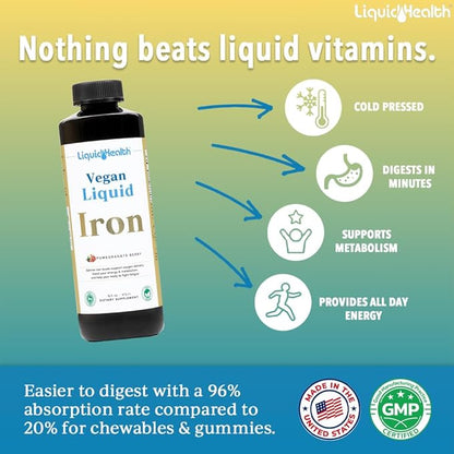 LIQUIDHEALTH Vegan Liquid Iron Supplement with SunActive & Ferrochel Fe - Natural Energy, Immune System & Metabolic Support, Increase Mental Clarity, Prenatal/Postnatal - USA Made, Non-GMO (2 Pack)