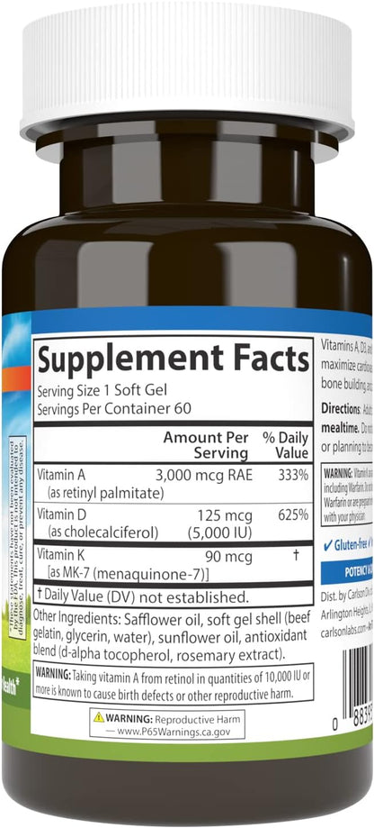 Carlson - Vitamins A, D3, K2, 3000 mcg RAE Vitamin A, 125 mcg Vitamin D3, 90 mcg Vitamin K2 as MK-7, Bone Building, Calcium Utilization, 60 Soft Gels