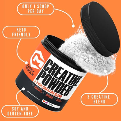 Crazy Muscle Creatine Monohydrate Powder, 5000mg Premium 3X ThreeAtine Pre Workout Mass Gainer, High Absorption Easy to Take Powder Optimum Performance for Men & Women, 60 Servings