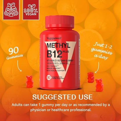 Vegan Vitamin D3 & B12 Gummies, Methyl B12 Supplement for Adults & Kids, Enhanced with Vitamin D 3 for Natural Energy, Immune, Metabolism & Focus, Orange, 90 Gummies