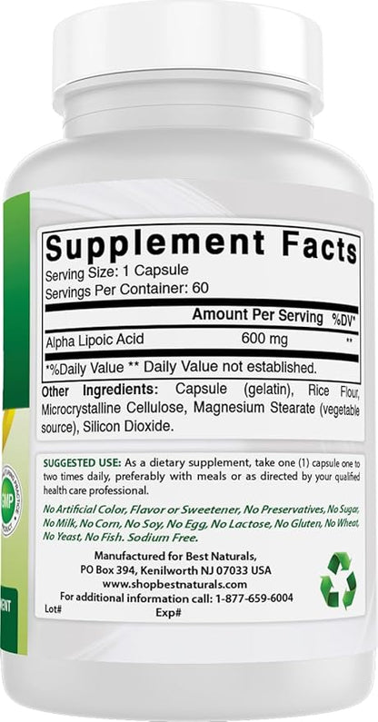 Best Naturals Alpha Lipoic Acid 600 mg 60 Capsules - ALA Powerful Antioxidant (60 Count (Pack of 3))