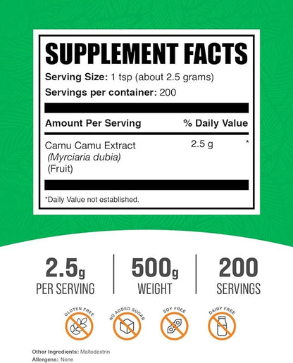 BulkSupplements.com Camu Camu Extract Powder - Superfood Supplement, Camu Camu Supplement - Vegan & Gluten Free, 2.5g per Serving, 500g (1.1 lbs) (Pack of 1)