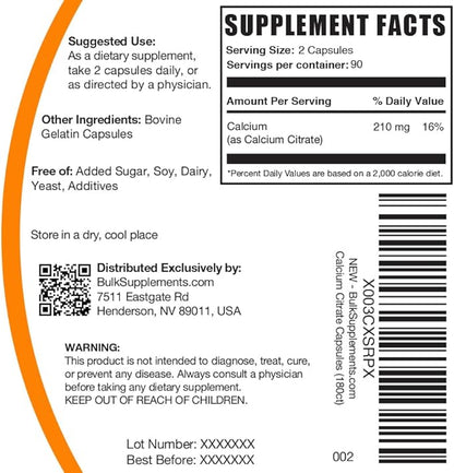 BulkSupplements.com Calcium Citrate Capsules - Calcium Citrate Supplement - Soy Free -180 Capsules (Pack of 1)