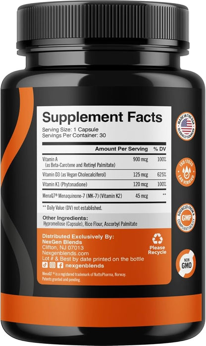 High Absorption ADK Vitamin Supplement - Vegan Vitamin D3 K2 MK7 & A for Calcium Regulation plus Bone Heart Thyroid & Immune Support - Vitamin ADK with 5000IU D3 Non GMO & Gluten Free (1 Months)