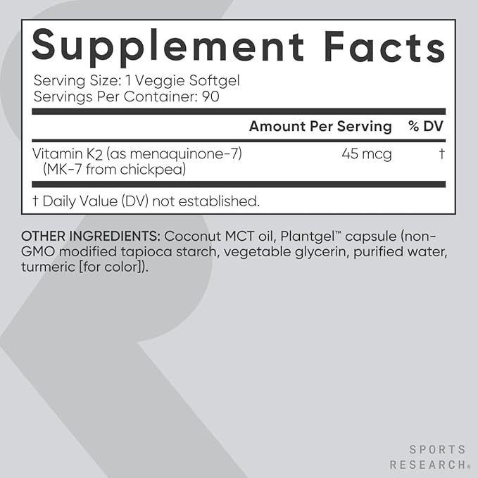 Sports Research Low Dosage Vitamin K2 as MK-7 45mcg with Coconut MCT Oil - Vegan Certified, Non-GMO Verified & Gluten-Free - 90 Softgels