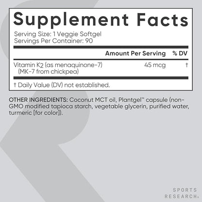Sports Research Low Dosage Vitamin K2 as MK-7 45mcg with Coconut MCT Oil - Vegan Certified, Non-GMO Verified & Gluten-Free - 90 Softgels