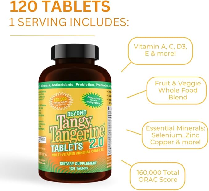 Youngevity Beyond Tangy Tangerine 2.0 Multi-Vitamin & Mineral Complex - Made with Natural & Whole Foods | 160,000 ORAC | 120 Tablets | 1 Bottle