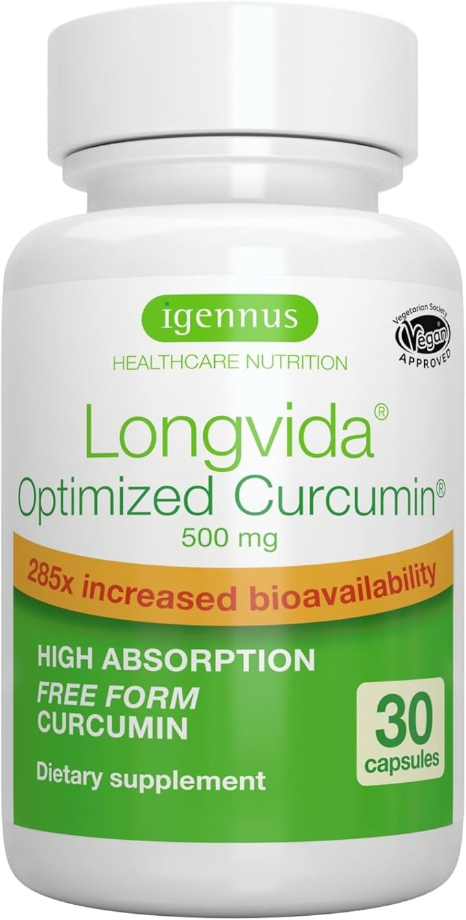 Igennus Longvida Lipidated Curcumin 500mg, Ultra Bioavailable & Sustained Action, 65x Higher Plasma Levels, Intensive Support, Free-Form Curcumin, Vegan, 30 Capsules