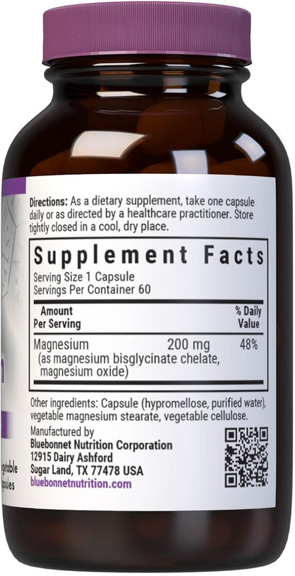 Bluebonnet Nutrition Albion Buffered Chelated Magnesium 200 mg, Magnesium Oxide, Stress Relief, Vegan, Non GMO, Gluten Free, Soy Free, Milk Free, Kosher, 60 Vegetable Capsules, 1 Month Supply
