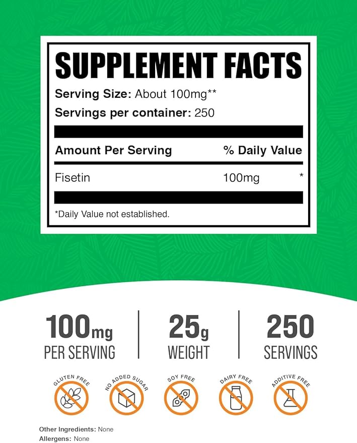 BulkSupplements.com Fisetin Powder - Fisetin Supplement, Fisetin 100mg - Antioxidants Source, Pure & Gluten Free, 100mg per Serving, 25g (0.88 oz) (Pack of 1)