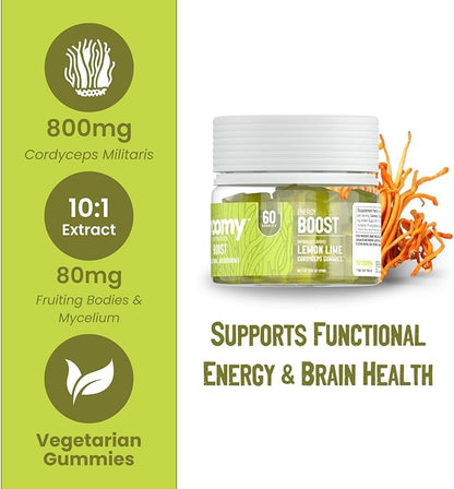Troomy Boost Cordyceps All Natural Mushroom Gummies - Supports Active Lifestyle & Hyper Focus - Lemon Lime - 60 Count