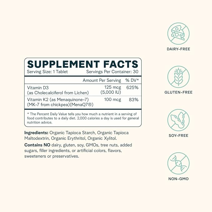 Ora Organic Vitamin D3 5000IU + K2 - Vegan Vitamin D from Lichen and K2 from Chickpeas for Bone Health, Immune Support, & Mood, Maximum Absorption - 1 Month Supply, 30 Chewable Tablets