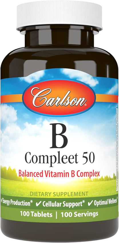 Carlson - B Compleet 50, Balanced Vitamin B Complex, Energy Production, Cellular Support & Optimal Wellness, 100 Tablets